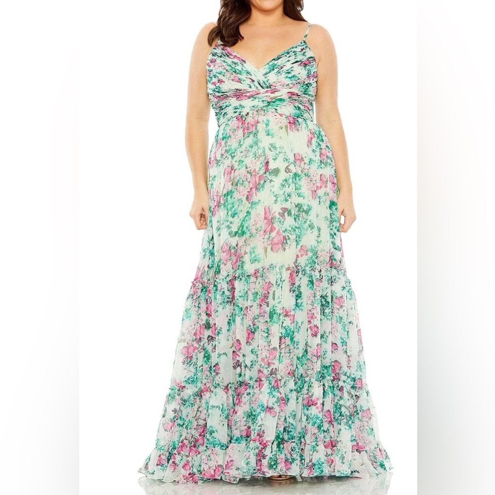 NWT Mac Duggal Sz 12W Floral V-Neck Maxi Dress in Mint and Pink 68550